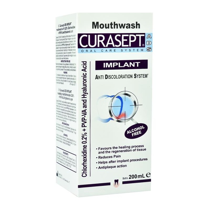 Curasept implantátum szájvíz 0,20% klórhexidinnel és hialuronsavval, alkoholmentes, 200 ml