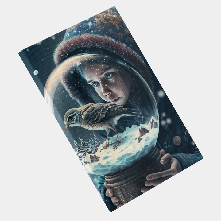 Tablou Canvas Portret Pasarea din Glob, Fanart, Modern, Creativ, Detaliat, Contemporan, High End, Arta si Pictura Digitala, Concept Generat cu Inteligenta Artificiala, AI, IA, 25x40 cm, Multicolor