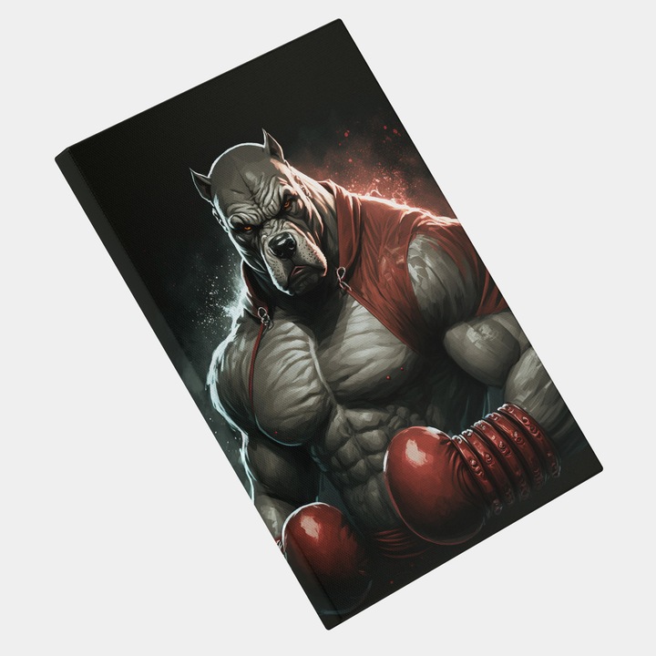 Tablou Canvas Pitbull Boxer, KickBoxing, MMA, Boxing, Fanart, Modern, Creativ, Detaliat, Contemporan, High End, Arta si Pictura Digitala, Concept Generat cu Inteligenta Artificiala, AI, IA, 25x40 cm, Multicolor