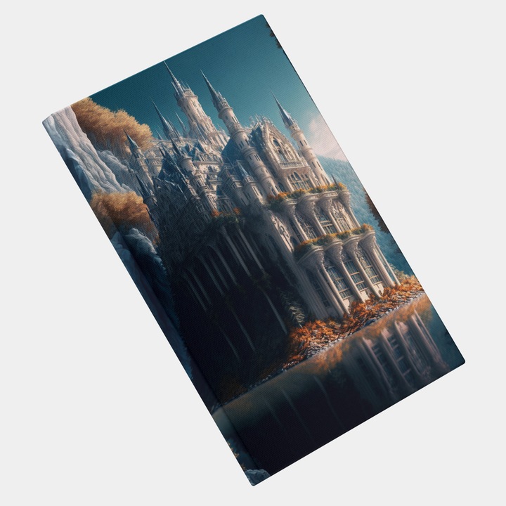 Tablou Canvas Contept Castel in Natura, Langa Munte, Toamna, Reflextie in ap, Pietre, Zi Insorita, Fanart, Modern, Creativ, Detaliat, Contemporan, High End, Arta si Pictura Digitala, Generat cu Inteligenta Artificiala, AI, IA, 25x40 cm, Multicolor