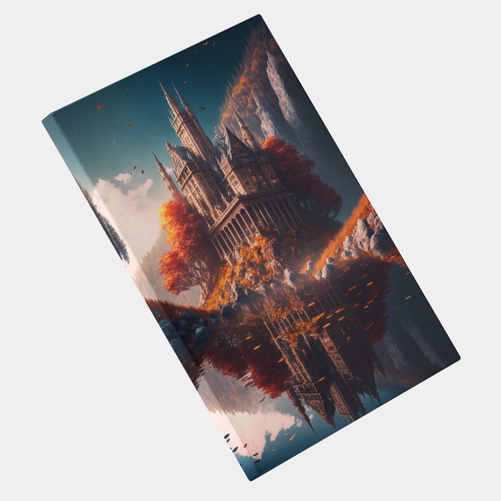 Tablou Canvas Castel in Natura, pe Munte, Toamna, Reflextie in ap, Pietre, Zi Insorita, Fanart, Modern, Creativ, Detaliat, Contemporan, High End, Arta si Pictura Digitala, Concept Generat cu Inteligenta Artificiala, AI, IA, 25x40 cm, Multicolor
