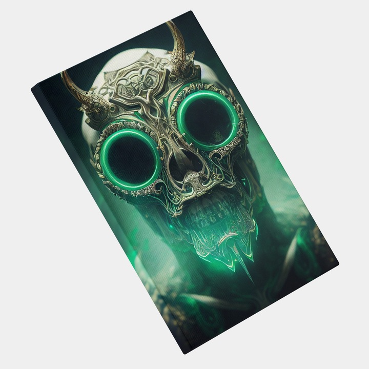 Tablou Canvas Concept, Craniu, Neon, Ochelari, Coarne, Drac, Fanart, Modern, Creativ, Detaliat, Contemporan, High End, Arta si Pictura Digitala, Concept Generat cu Inteligenta Artificiala, AI, IA, 25x40 cm, Multicolor