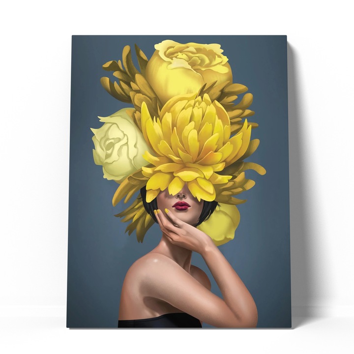 Tablou canvas decorativ fata cu flori galbene 60x90 cm