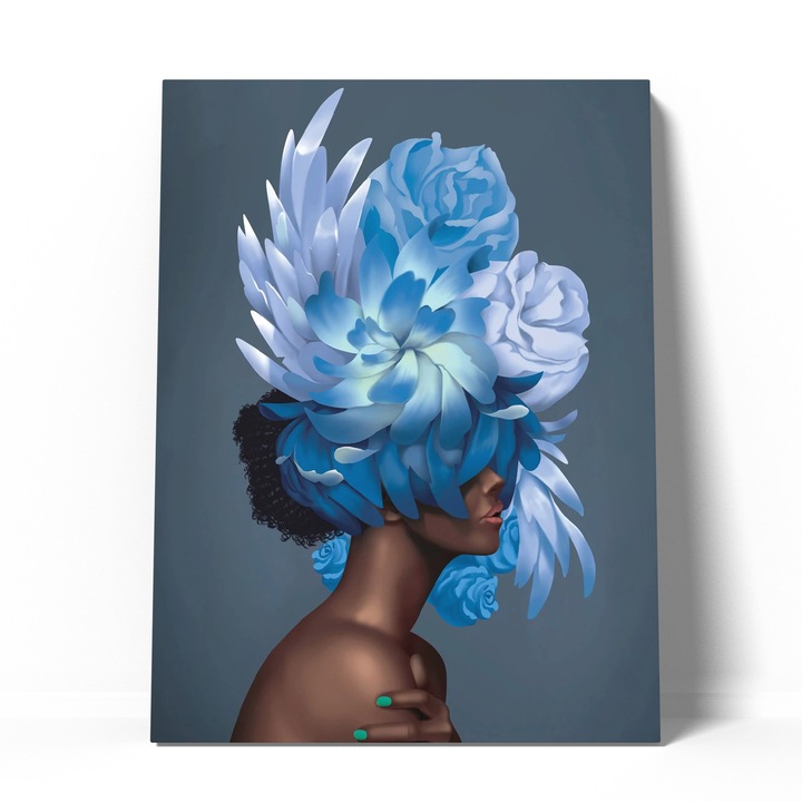 Tablou canvas decorativ fata cu flori albastre 60x90 cm