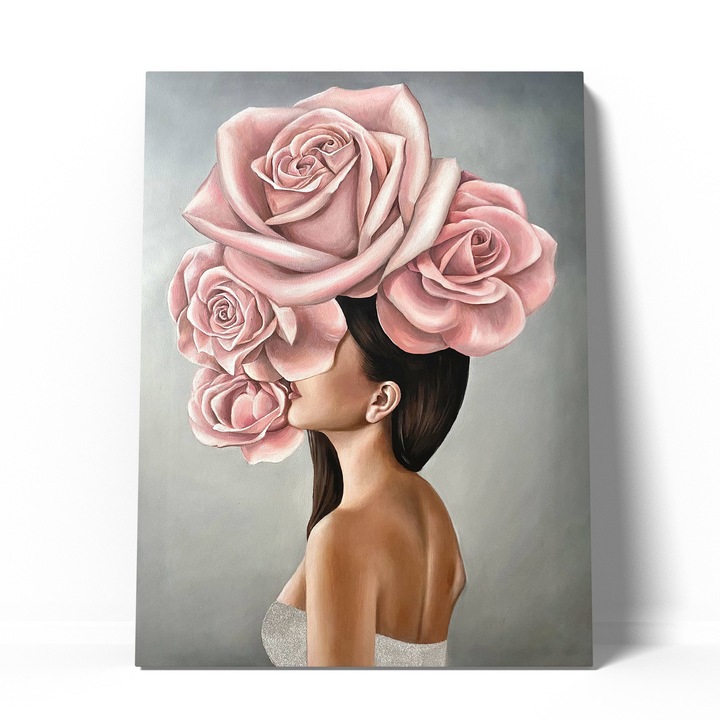 Tablou canvas fata cu buchet de flori 70x100 cm