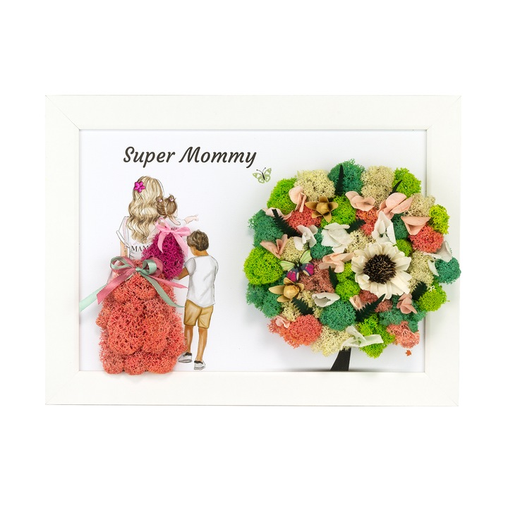 Tablou Super Mommy, Corai cu Licheni Stabilizati si Flori Criogenate YoobirimBox Handmade, 21 x 30 cm