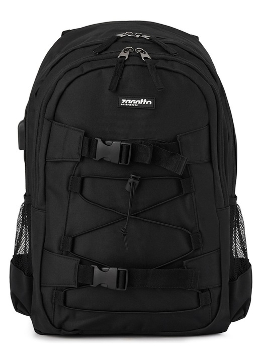 Rucsac scolar, Zagatto ZG69, Negru, 45x30x12 cm, 16 L, Impermeabil, Compartiment laptop, Prindere skateboard, Pentru Adolescenti, Clasele 5-8, Liceu, Universitate, Bretele ergonomice, Negru