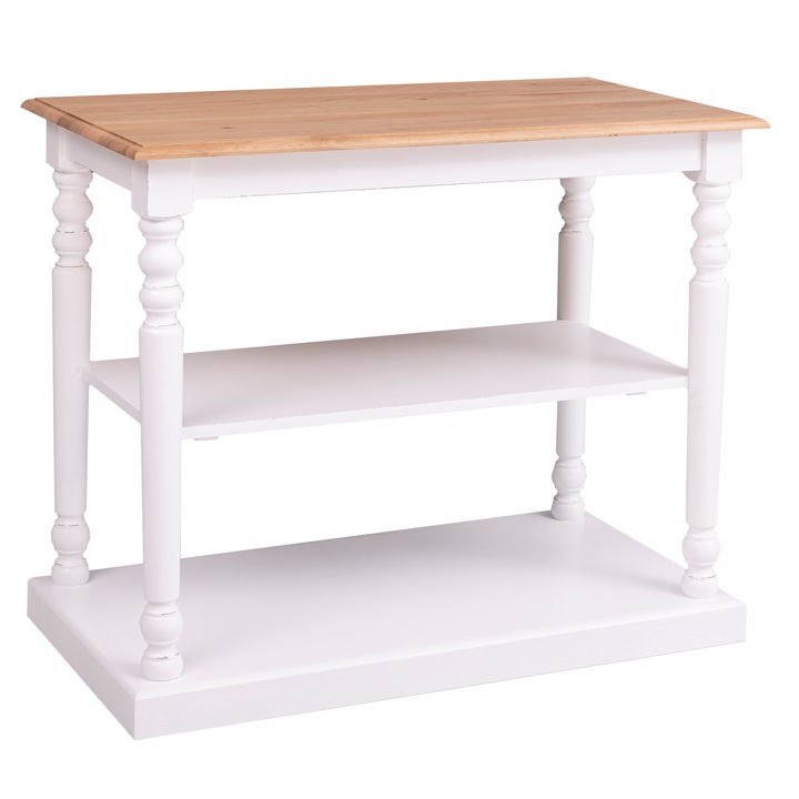 Konzol esztergált lábakkal, 1 polccal, tölgyfa munkalappal, munkalap színe natur lakkozott, bútortest színe antikolt fehér. 100% tömör fa