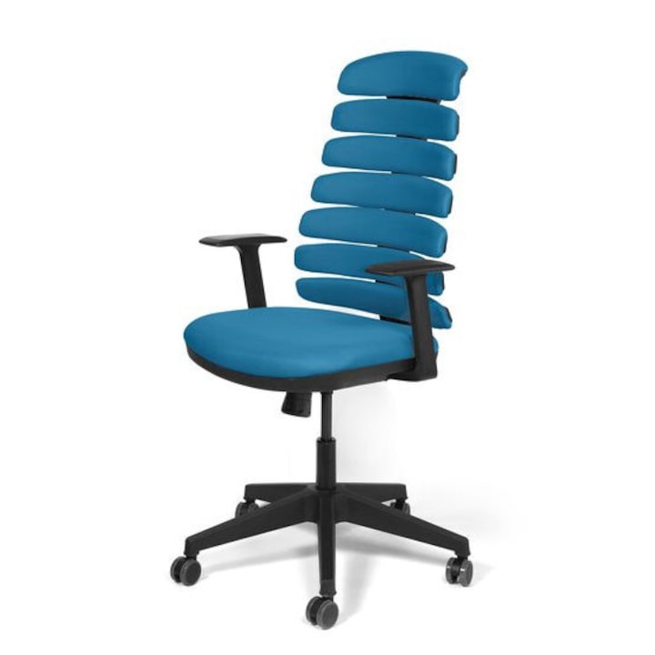 Scaun de birou ergonomic KRONSIT SALERNO, mesh 3D Air, Syncron, brate fixe, role soft din silicon, suport lombar, 120kg, albastru