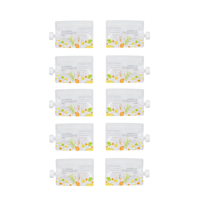 Set 10 pungi reutilizabile pentru alimente cu o lingurita de silicon, 200ml, 16x11.5cm, multicolor
