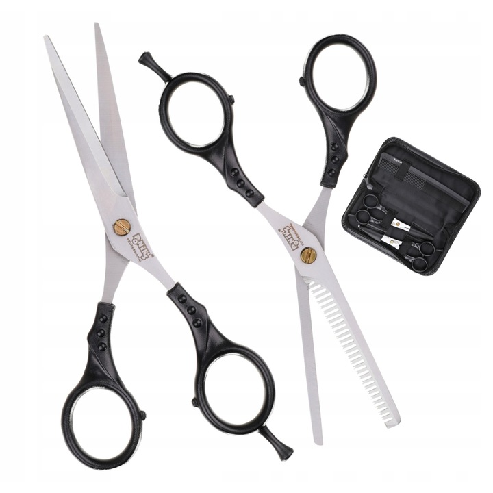 Set De Frizerie, Ponik's, Foarfece, Degasatoare, Pieptene In Husa, Otel Inoxidabil, Maner Ergonomic, Dimensiune 6.0, Ideal Pentru Taieturi Precise, Husa Practica Cu Fermoar, Negru