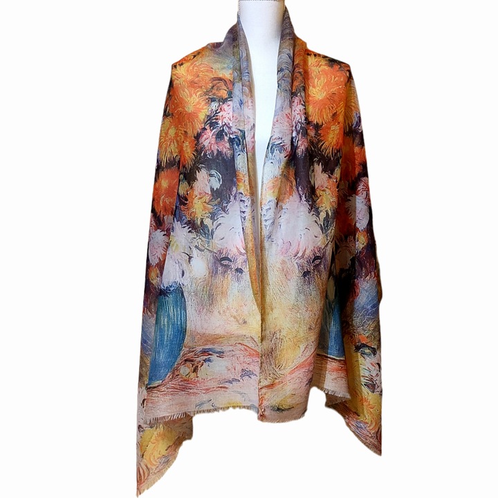 Esarfe subtiri din vascoza, printuri florale, 180 x 70 cm, Portocaliu/Albastru, 180 x 70 cm