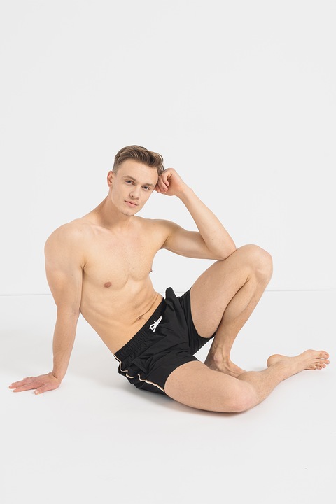 BOSS, Pantaloni scurti de baie cu benzi laterale contrastante Iconic, Negru