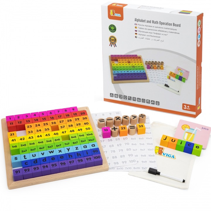 Tabla de lucru matematica cu litere numere si semne, Viga Toys, Lemn, Multicolor