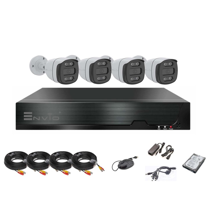 Kit complet de supraveghere video ENVIO cu 4 camere 2 Megapixeli FULL COLOR, AESS-KIT4CHBFP60H200-WHDDB