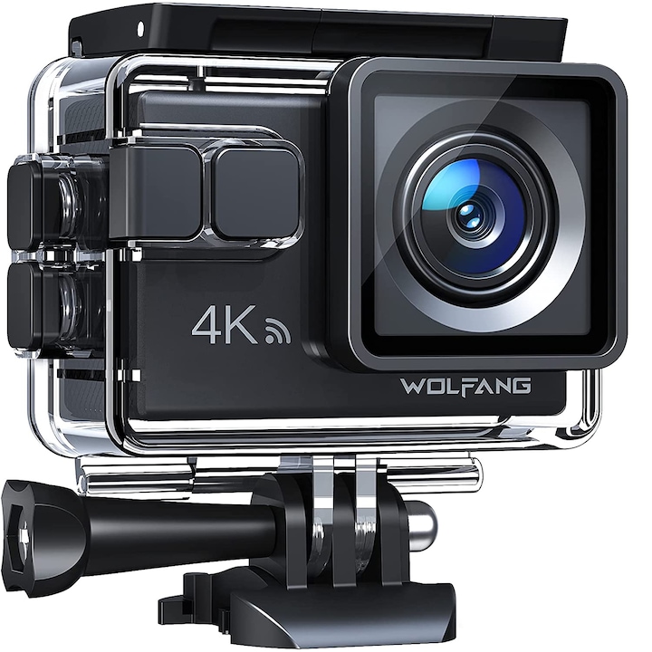 Camera video sport Wolfang G100 4K/30fps, 170°, Ecran 2.0“ LCD, 20MP, Wi-Fi, Stabilizator imagine, Telecomanda, Microfon extern, 2 Acumulatori, Waterproof 40m, Negru