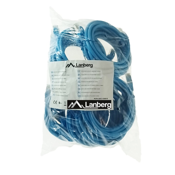 Set 10 cabluri retea-patchcord CAT6 FTP, Lanberg 43635, 2 X RJ45, lungime 3m, AWG26, 10Gb/s-250MHz, de legatura retea, ethernet, albastre