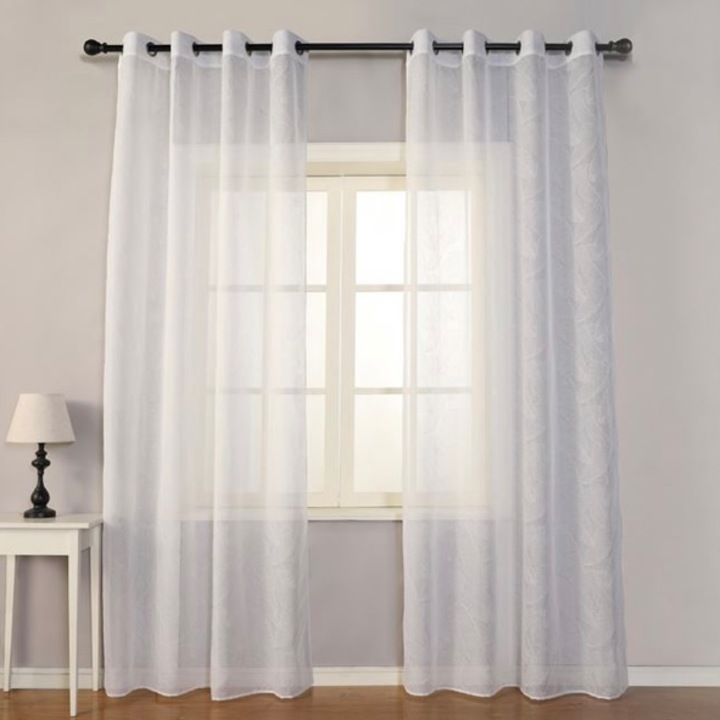 Set 2 perdele, frunze in relief, alb, cu inele metalice, 140 x 260 cm