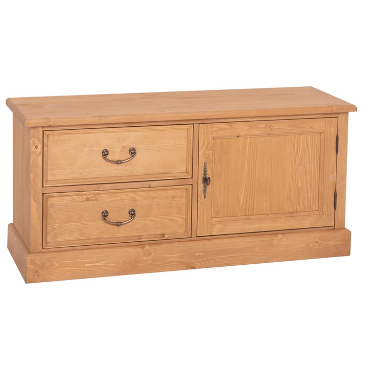 Comoda mica tv cu 1 usa si 2 sertare cu sine, culoare natural, ceruit, 100% lemn masiv, 120x57x40 cm