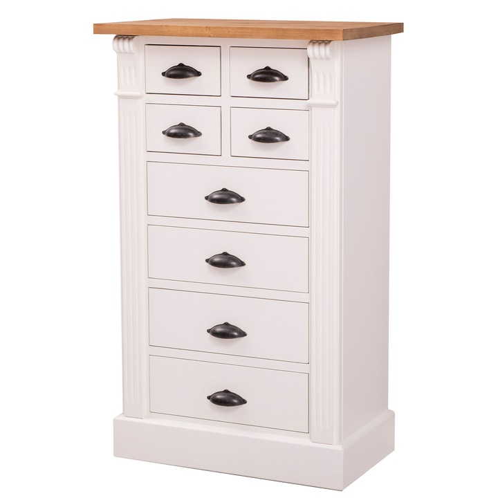 Comoda cu 8 sertare, colectia directoire, culoare top natural, culoare corp alb murdar, dublu color, 100% lemn masiv, 60x100x36 cm