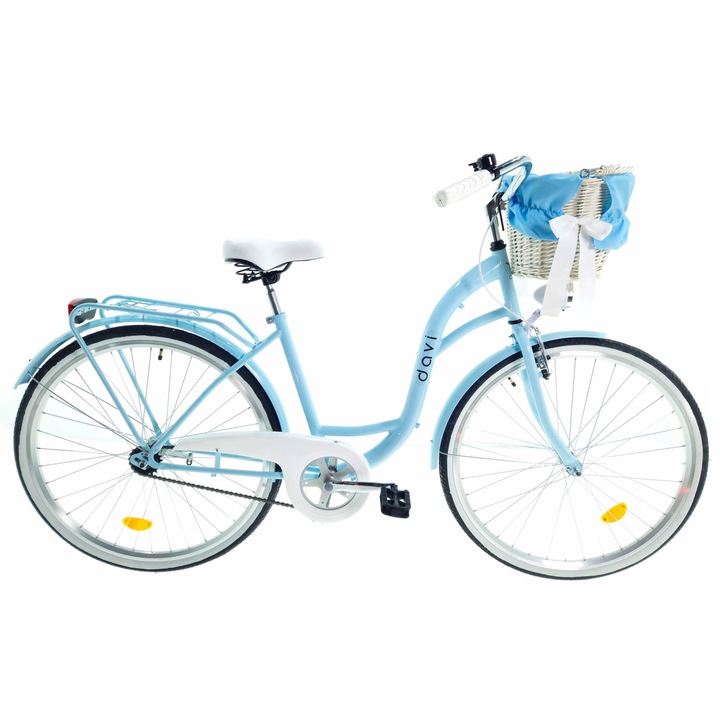 Bicicleta dama cu cos rachita Davi® Lila, Roti din aluminiu marimea 28", Lumini cu leduri, De oras, 1 viteze, 160-185 cm inaltime, Albastru