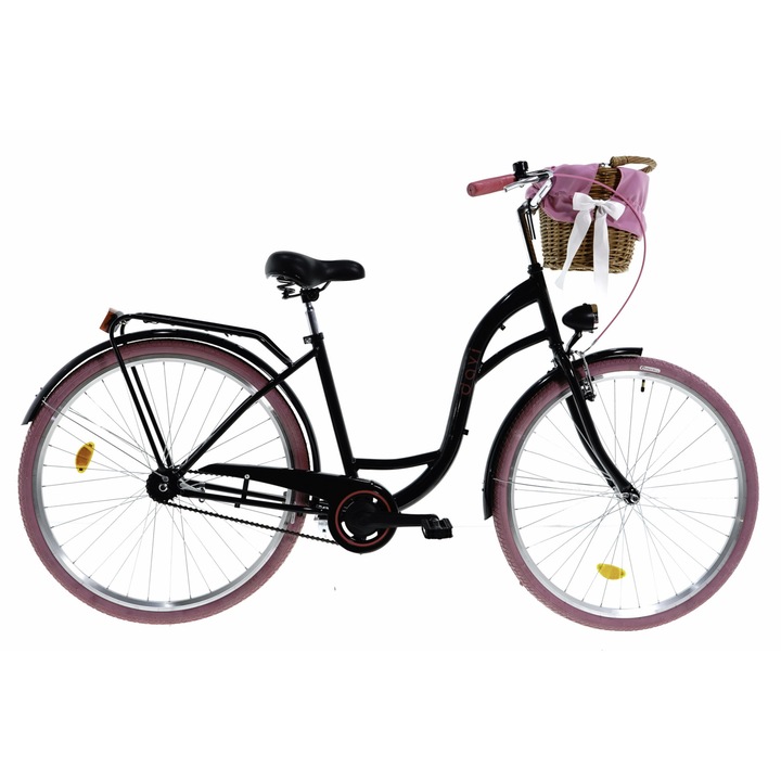 Bicicleta dama cu cos rachita Davi® Lila, Roti din aluminiu marimea 28", Lumini cu leduri, De oras, 1 viteze, 160-185 cm inaltime, Negru/Roz