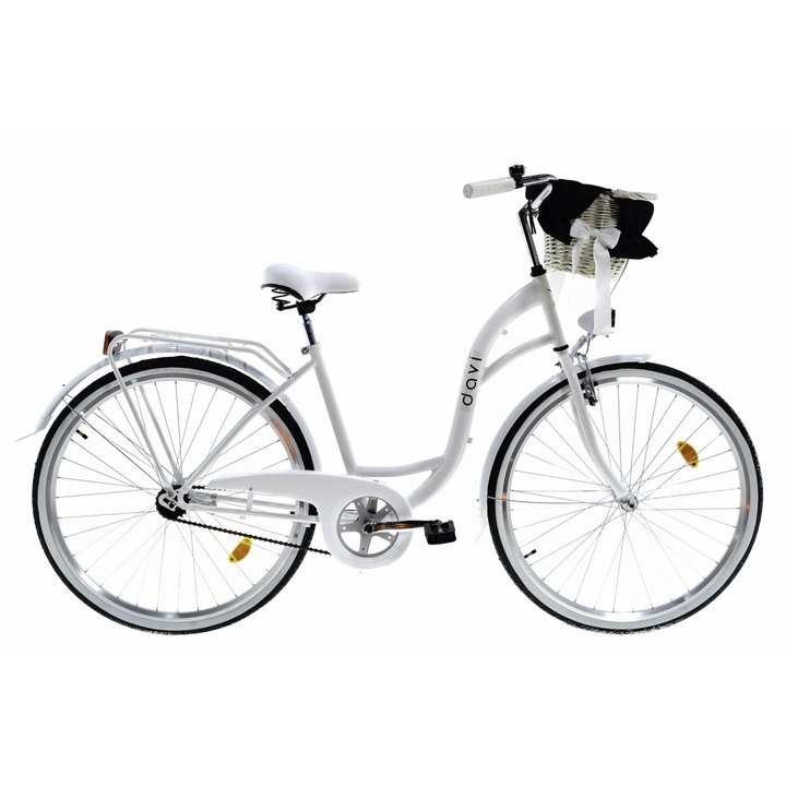 Bicicleta dama cu cos rachita Davi® Lila, Roti din aluminiu marimea 28", Lumini cu leduri, De oras, 1 viteze, 160-185 cm inaltime, Alb