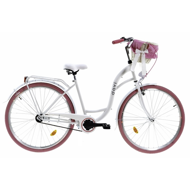 Bicicleta dama cu cos rachita Davi® Lila, Roti din aluminiu marimea 28", Lumini cu leduri, De oras, 1 viteze, 160-185 cm inaltime, Alb/Roz