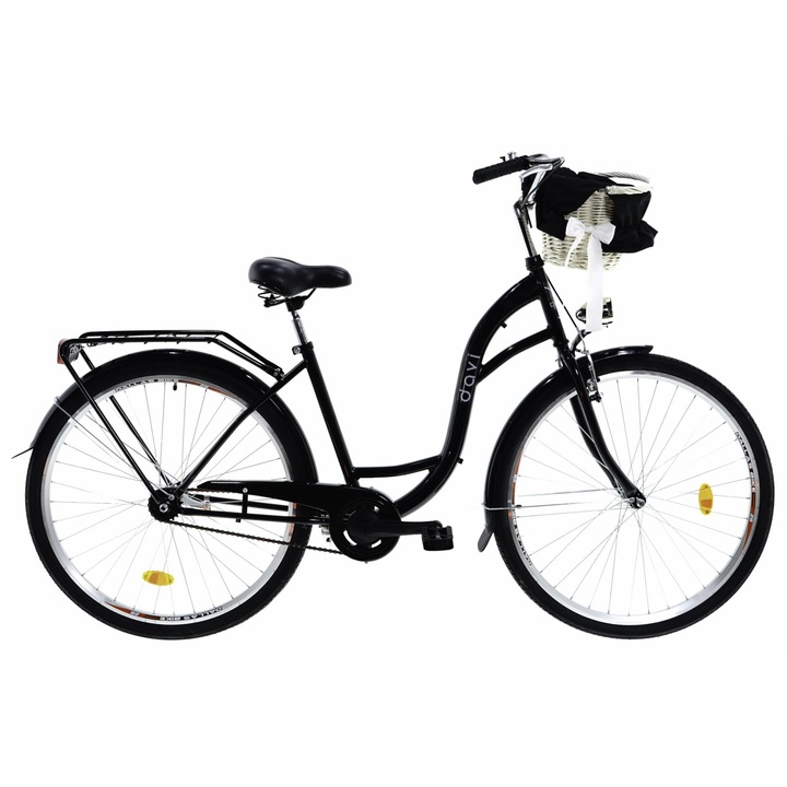 Bicicleta dama cu cos rachita Davi® Lila, Roti din aluminiu marimea 28", Lumini cu leduri, De oras, 1 viteze, 160-185 cm inaltime, Negru