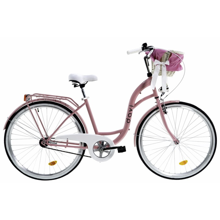 Bicicleta dama cu cos rachita Davi® Lila, Roti din aluminiu marimea 28", Lumini cu leduri, De oras, 1 viteze, 160-185 cm inaltime, Roz