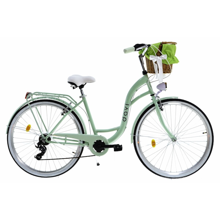 Bicicleta dama cu cos rachita Davi® Emma, 7 viteze, Roti din aluminiu marimea 28", Lumini cu leduri, De oras, 160-185 cm inaltime, Verde