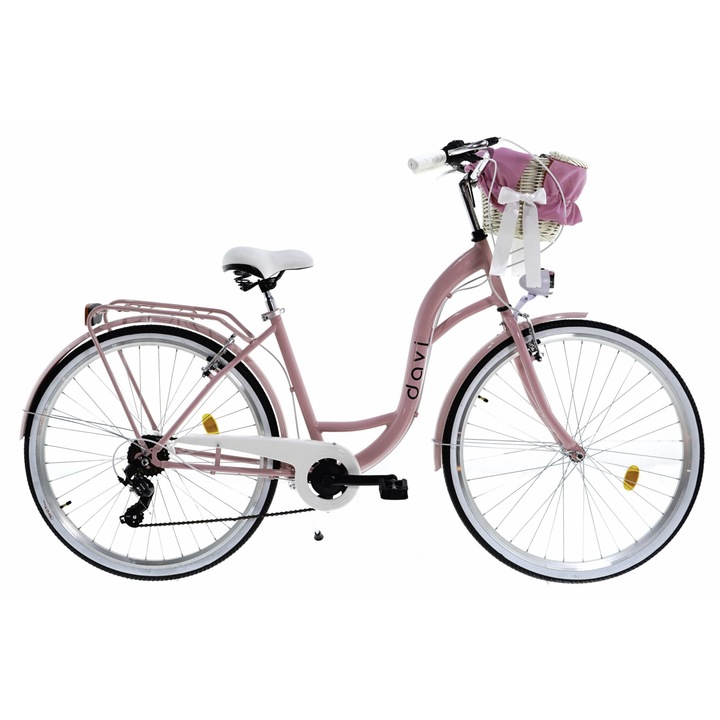 Bicicleta dama cu cos rachita Davi® Emma, 7 viteze, Roti din aluminiu marimea 28", Lumini cu leduri, De oras, 160-185 cm inaltime, Roz