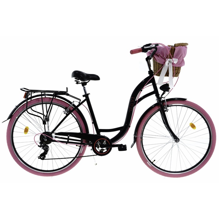 Bicicleta dama cu cos rachita Davi® Emma, 7 viteze, Roti din aluminiu marimea 28", Lumini cu leduri, De oras, 160-185 cm inaltime, Negru/Roz