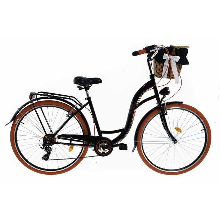 Bicicleta dama cu cos rachita Davi® Emma, 7 viteze, Roti din aluminiu marimea 28", Lumini cu leduri, De oras, 160-185 cm inaltime, Negru/Rosu