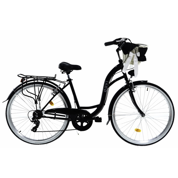 Bicicleta dama cu cos rachita Davi® Emma, 7 viteze, Roti din aluminiu marimea 28", Lumini cu leduri, De oras, 160-185 cm inaltime, Negru