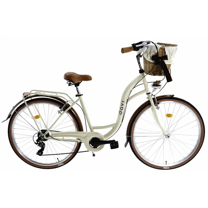 Bicicleta dama cu cos rachita Davi® Emma, 7 viteze, Roti din aluminiu marimea 28", Lumini cu leduri, De oras, 160-185 cm inaltime, Maro Cafeniu
