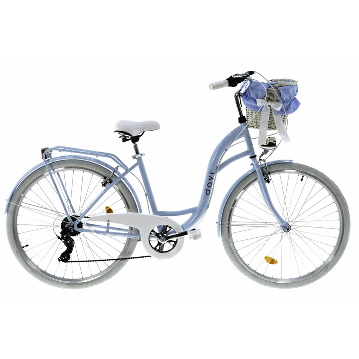 Bicicleta dama cu cos rachita Davi® Emma, 7 viteze, Roti din aluminiu marimea 28", Lumini cu leduri, De oras, 160-185 cm inaltime, Albastru