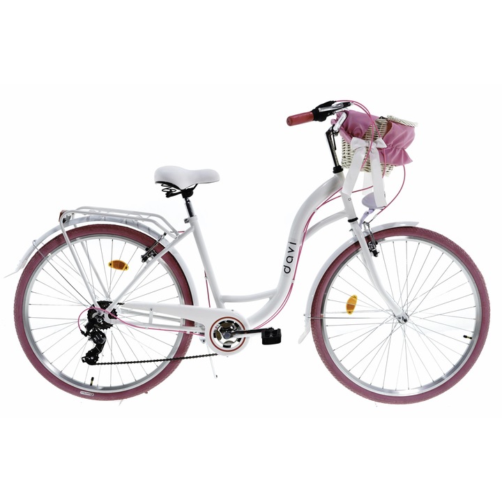 Bicicleta dama cu cos rachita Davi® Emma, 7 viteze, Roti din aluminiu marimea 28", Lumini cu leduri, De oras, 160-185 cm inaltime, Alb/Roz