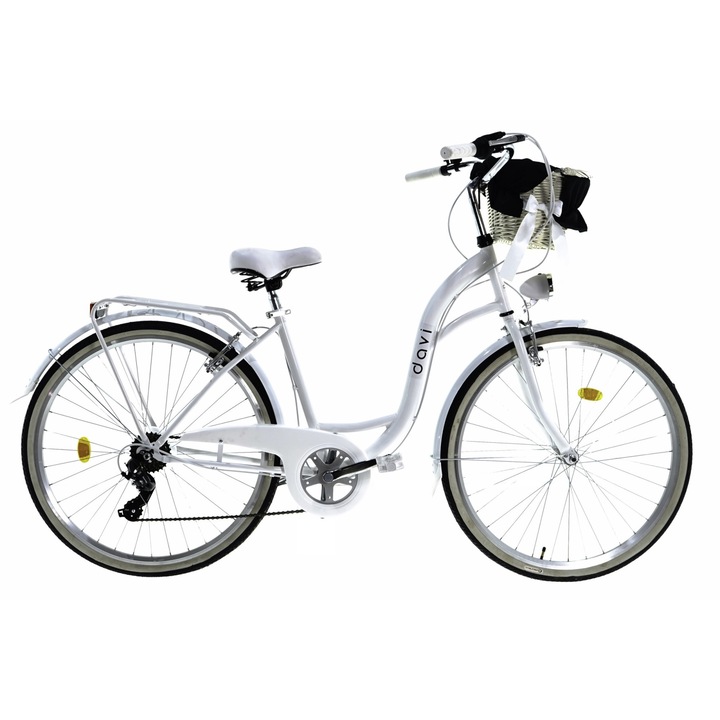 Bicicleta dama cu cos rachita Davi® Emma, 7 viteze, Roti din aluminiu marimea 28", Lumini cu leduri, De oras, 160-185 cm inaltime, Alb