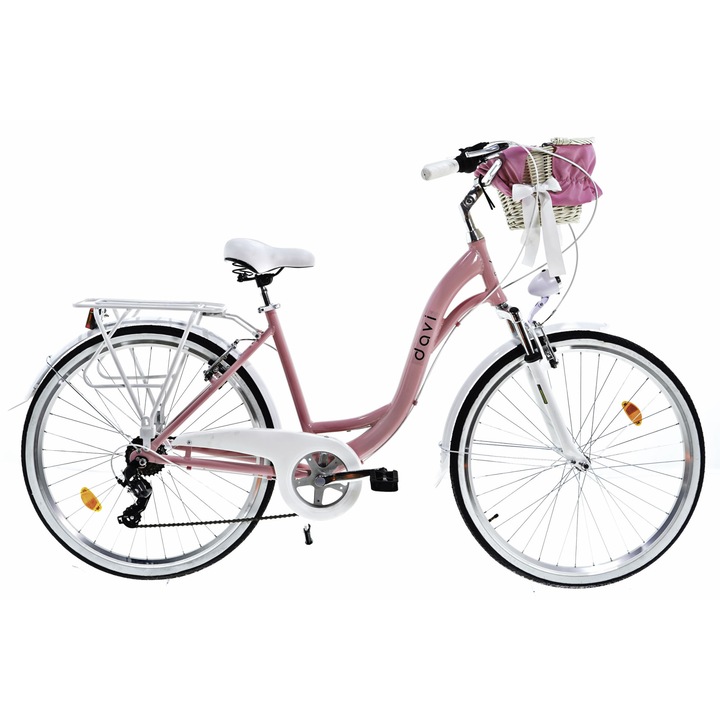 Bicicleta aluminiu cu suspensie, cu cos rachita Davi® Maria, 7 viteze, Roti din aluminiu marimea 28", Lumini cu leduri, De oras, 160-185 cm inaltime, Roz