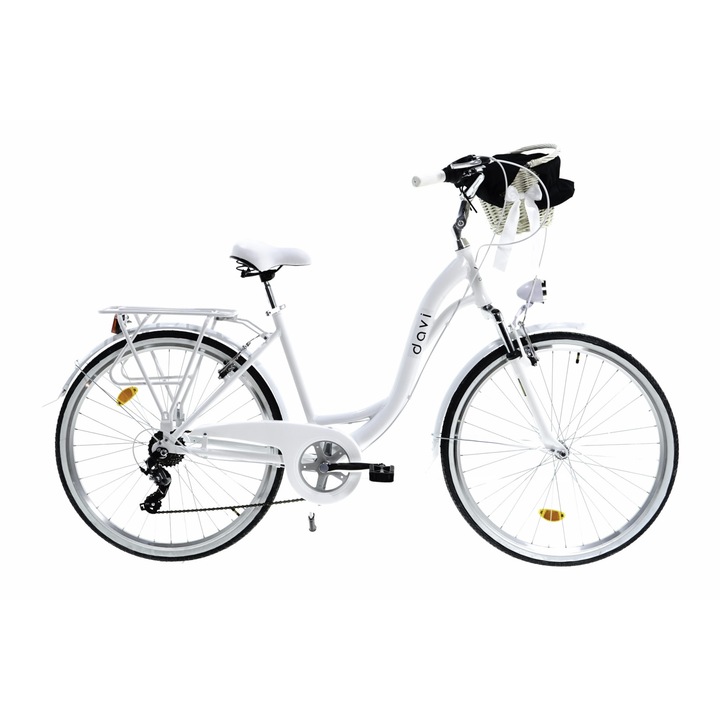 Bicicleta aluminiu cu suspensie, cu cos rachita Davi® Maria, 7 viteze, Roti din aluminiu marimea 28", Lumini cu leduri, De oras, 160-185 cm inaltime, Alb