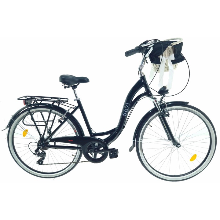 Bicicleta aluminiu cu suspensie, cu cos rachita Davi® Maria, 7 viteze, Roti din aluminiu marimea 28", Lumini cu leduri, De oras, 160-185 cm inaltime, Negru