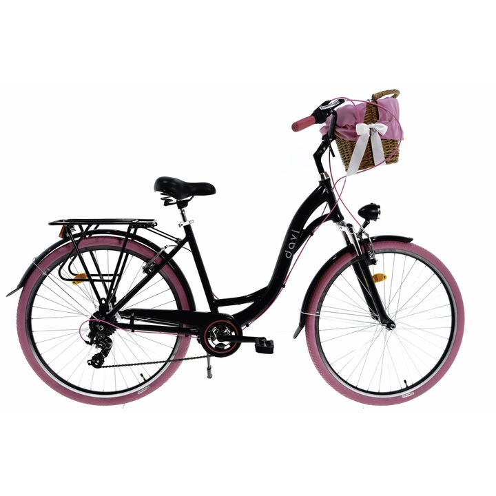 Bicicleta aluminiu cu suspensie, cu cos rachita Davi® Maria, 7 viteze, Roti din aluminiu marimea 28", Lumini cu leduri, De oras, 160-185 cm inaltime, Negru/Roz
