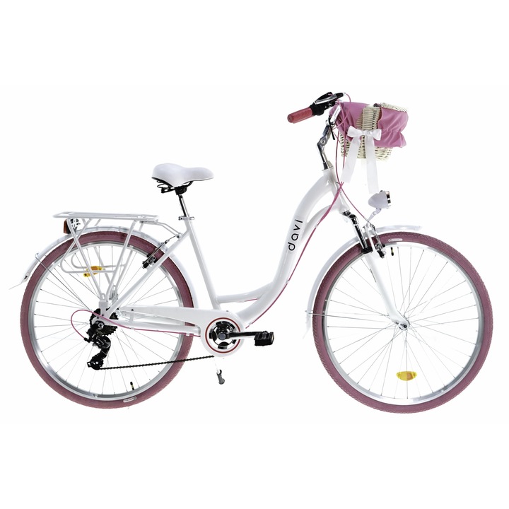 Bicicleta aluminiu cu suspensie, cu cos rachita Davi® Maria, 7 viteze, Roti din aluminiu marimea 28", Lumini cu leduri, De oras, 160-185 cm inaltime, Alb/Roz