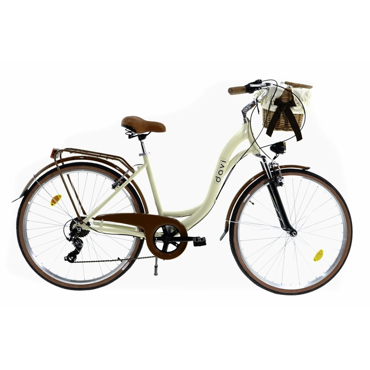 Bicicleta aluminiu cu suspensie, cu cos rachita Davi® Maria, 7 viteze, Roti din aluminiu marimea 28", Lumini cu leduri, De oras, 160-185 cm inaltime, Maro cafeniu