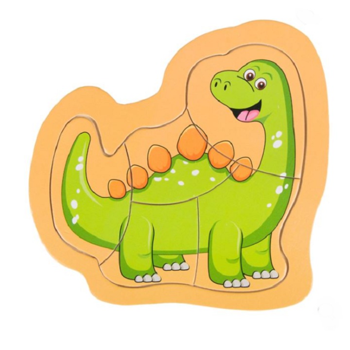 Puzzle cu dinozaur pentru copii, Lemn, 5 piese, 14,5x14 cm, Multicolor