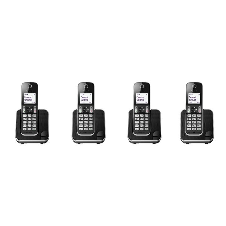 Set telefon DECT fara fir, Panasonic cu 4 receptoare, Buton intercom, 4 buc KX-TGD310FXB