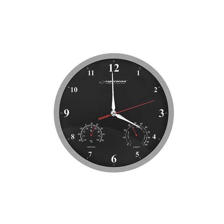 Мултифункционален стенен часовник, с термометър и влагомер, безшумен кварцов механизъм, черен фон, алуминиева рамка, 30x3,7 см FMD499