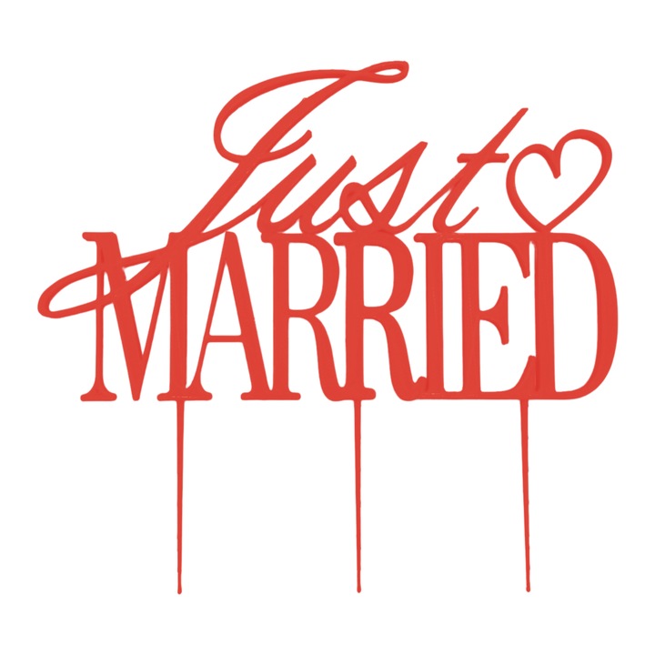Decoratiune topper tort "JUST MARRIED", rosu 15 x 16 cm
