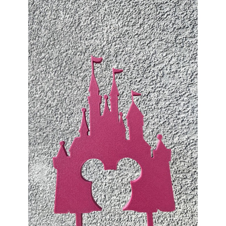 Decoratiune topper tort "MINNIE MOUSE CASTLE", roz zmeuriu 15.5 x 10 cm
